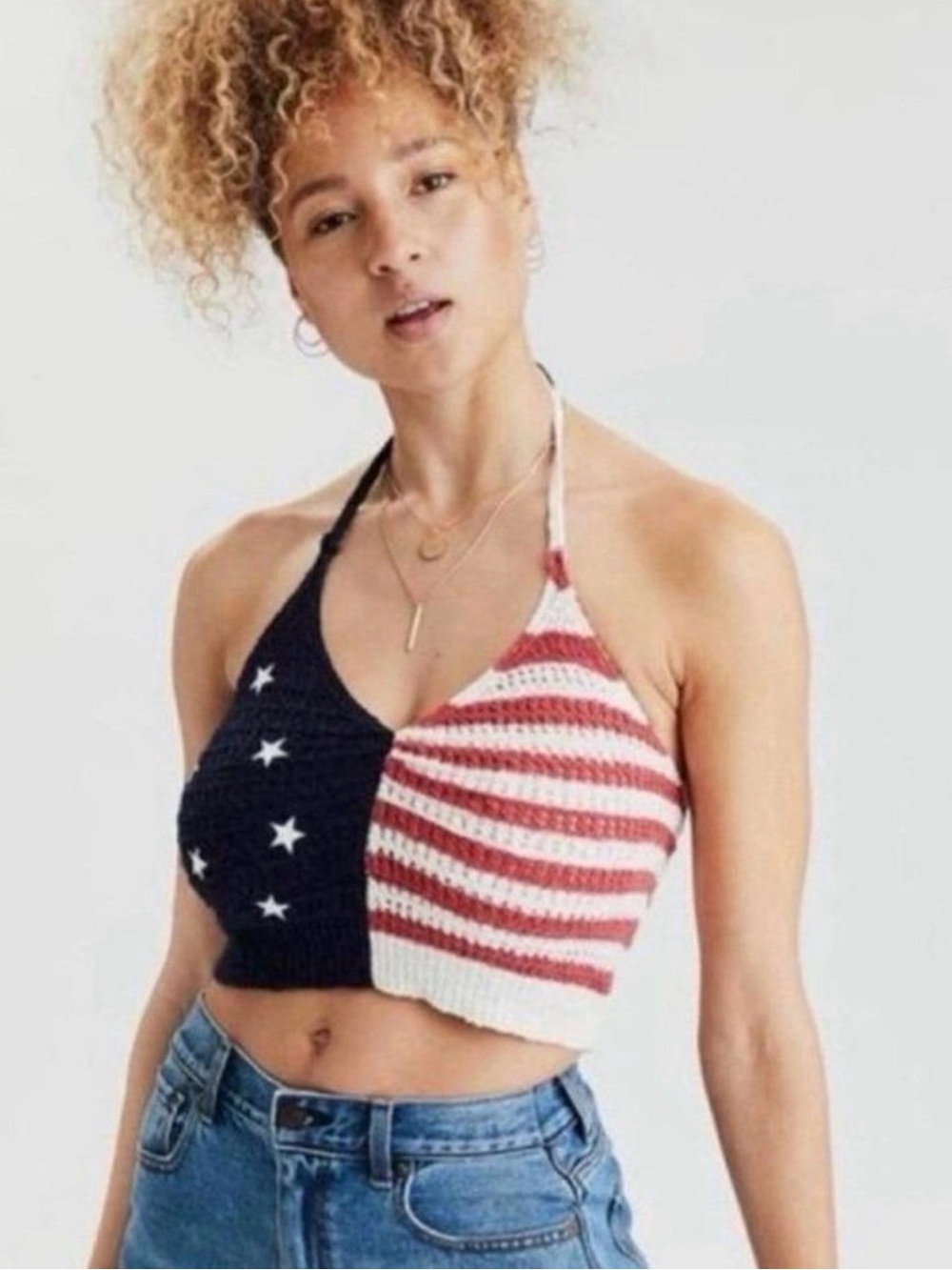 American Eagle Outfitters Patriotic Halter Crop Top in Navy, Red & White XL